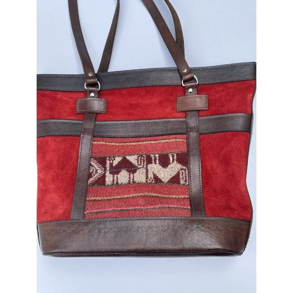 Bolivian VTG BOHO Red Suede Brown Leather‎ & Tapestry Zipper Tote Purse Bag